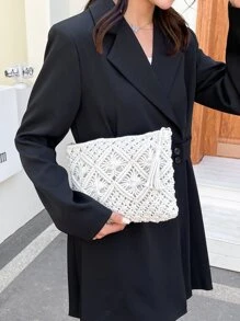 Minimalist Tassel Decor Crochet Bag - White - View 4