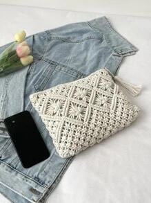 Minimalist Tassel Decor Crochet Bag - White - View 7