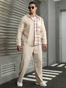 Manfinity Homme Men Plaid Print Shirt & Drawstring Waist Trousers - Khaki - View 1