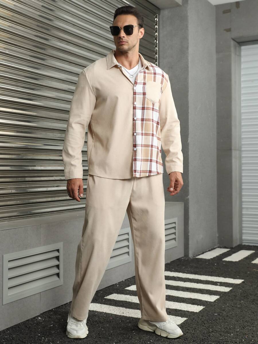 Manfinity Homme Men Plaid Print Shirt & Drawstring Waist Trousers - Khaki - View 1