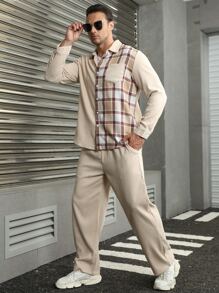 Manfinity Homme Men Plaid Print Shirt & Drawstring Waist Trousers - Khaki - View 4