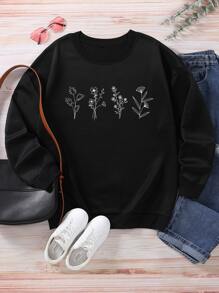 SHEIN LUNE Plus Floral Print Thermal Lined Sweatshirt - Black - View 1