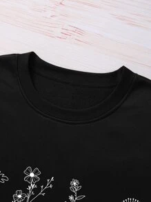 SHEIN LUNE Plus Floral Print Thermal Lined Sweatshirt - Black - View 3