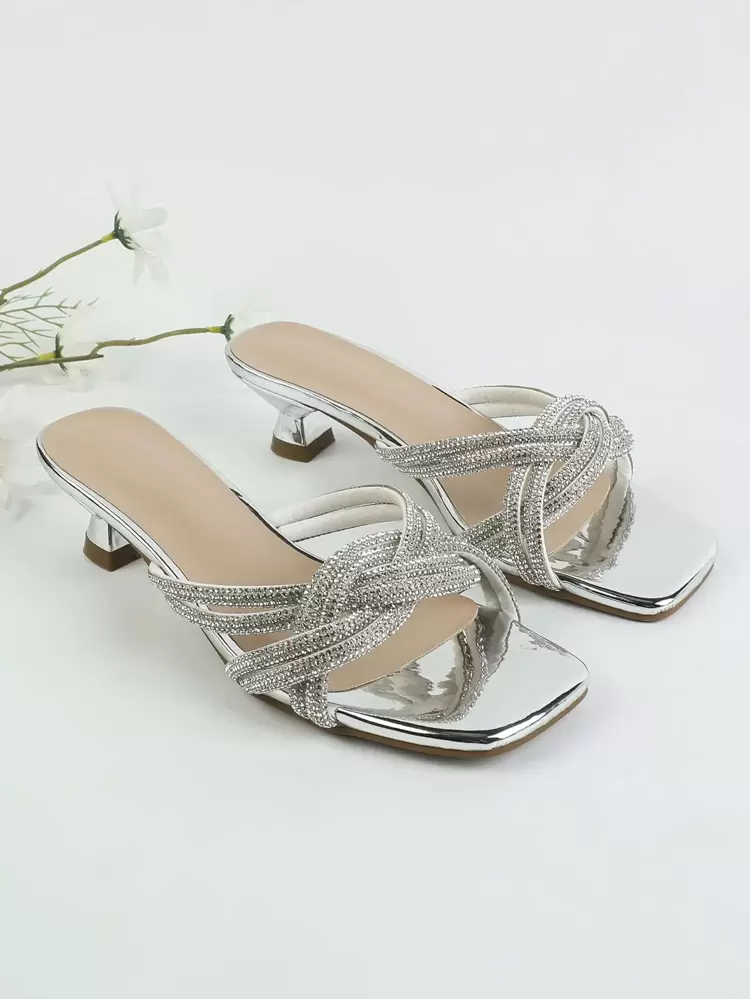 Women Rhinestone Decor Mule Sandals, PVC Clear Sculptural Heeled Glamorous Sandals Valentines,Kitten Heels