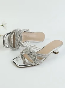 Giày sandal đế bệt đính đá lấp lánh cho nữ, sandal cao gót trong suốt bằng nhựa PVC kiểu dáng quyến rũ, thích hợp cho ngày Valentine, kiểu gót nhọn. - Bạc - Xem 4