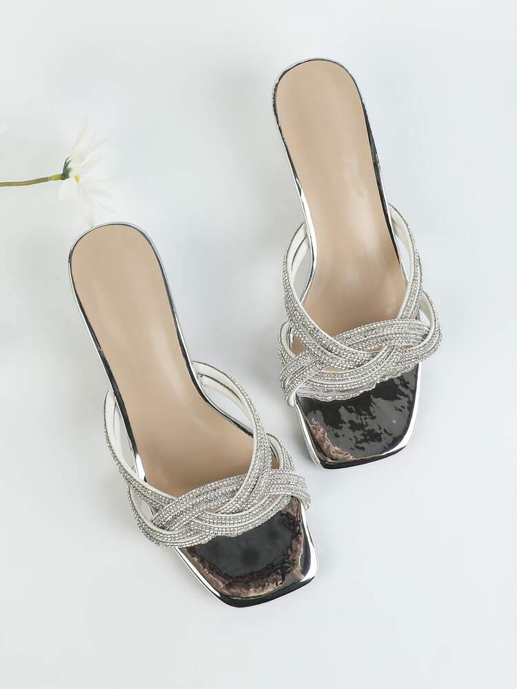 Women Rhinestone Decor Mule Sandals, PVC Clear Sculptural Heeled Glamorous Sandals Valentines,Kitten Heels