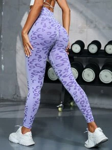 Leopard Print Tummy Control Sports Leggings - Purple - View 1