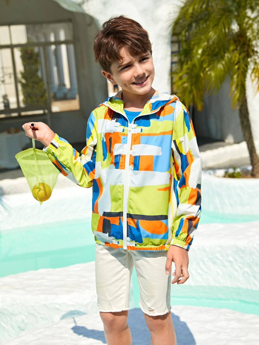 SHEIN Boys Geo Print Zip Up Hooded Jacket - Multicolor - View 1