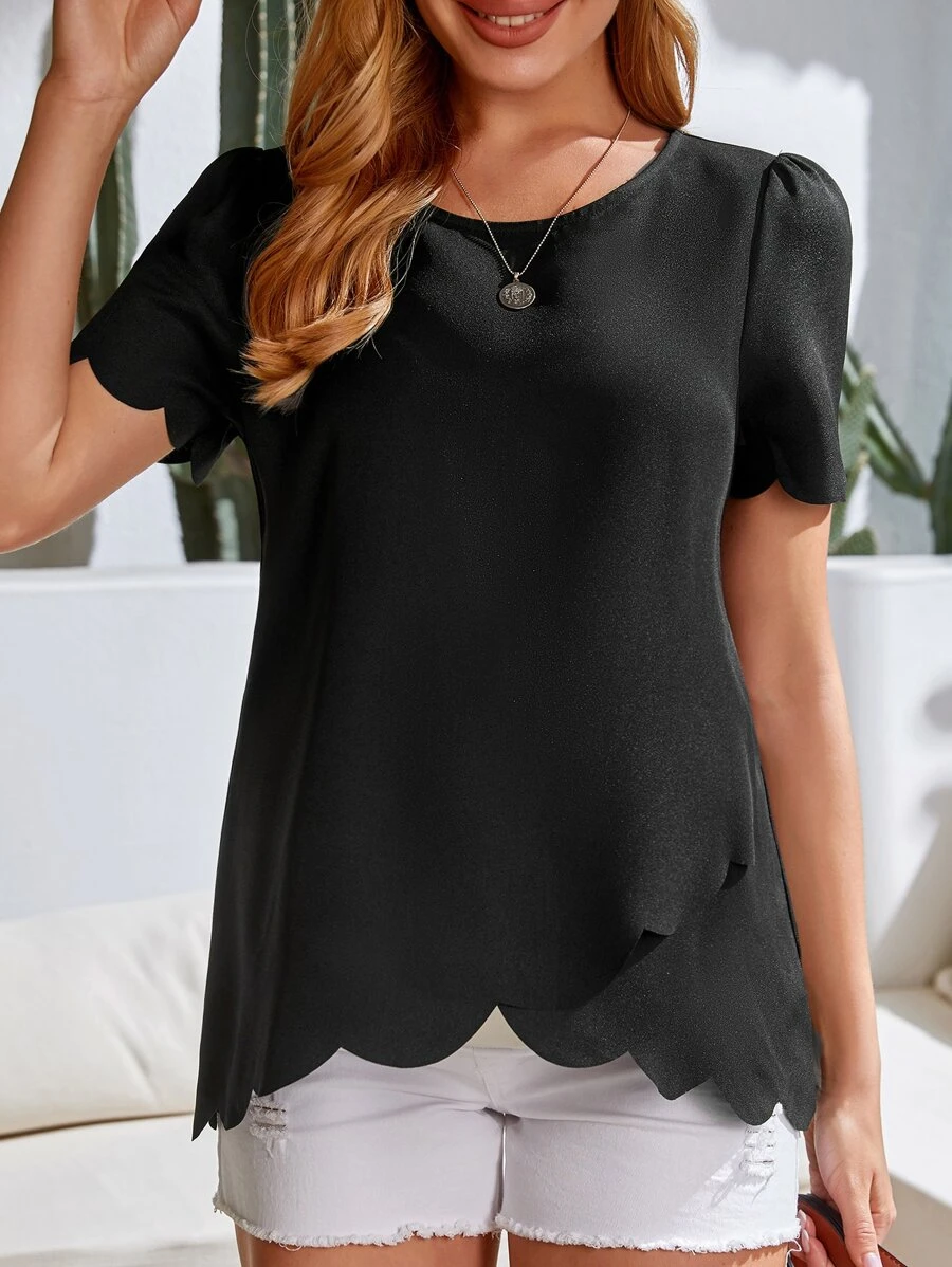 SHEIN 孕婦貝殼邊泡泡袖襯衫