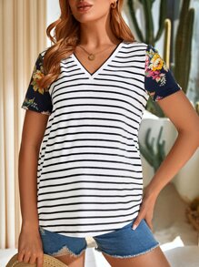 SHEIN Maternity Striped & Floral Print V Neck Tee - Multicolor - View 1