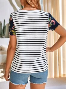 SHEIN Maternity Striped & Floral Print V Neck Tee - Multicolor - View 2