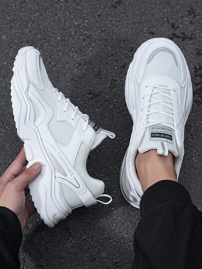 Men Letter Detail Chunky Sneakers Lace-up Front Sneakers White