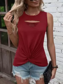 SHEIN LUNE Áo hai dây Cắt ra xoắn lại màu trơn Giải trí - Đỏ - Xem 1