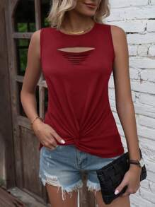 SHEIN LUNE Áo hai dây Cắt ra xoắn lại màu trơn Giải trí - Đỏ - Xem 4