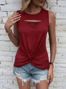 SHEIN LUNE Áo hai dây Cắt ra xoắn lại màu trơn Giải trí - Đỏ - Xem 5