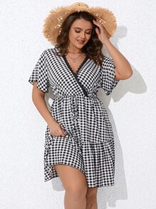 SHEIN Holidaya Vestido con estampado de guingán de cuello cruzado bajo con fruncido - Blanco y Negro - Ver 4