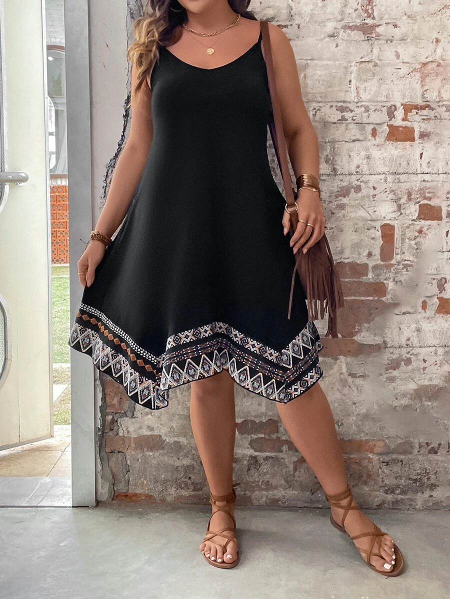 SHEIN Holidaya Plus Geo Print Hanky Hem Cami Dress - Black - View 1