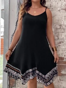 SHEIN Holidaya Plus Geo Print Hanky Hem Cami Dress - Black - View 4