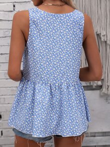 Breezaya 碎花前紐扣荷葉邊下擺背心 - 藍色 - 查看 4