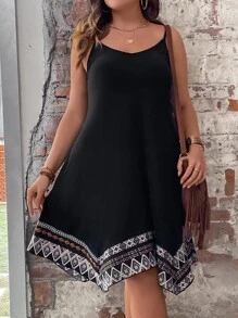 SHEIN Holidaya Plus Geo Print Hanky Hem Cami Dress - Black - View 7