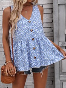 Breezaya 碎花前紐扣荷葉邊下擺背心 - 藍色 - 查看 1