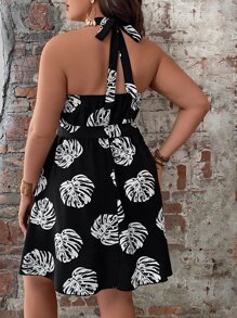 SHEIN Holidaya 大碼熱帶圖案腰帶掛脖洋裝 - 黑與白 - 查看 2