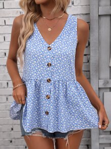 Breezaya 碎花前紐扣荷葉邊下擺背心 - 藍色 - 查看 5