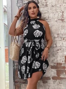 SHEIN Holidaya 大碼熱帶圖案腰帶掛脖洋裝 - 黑與白 - 查看 6