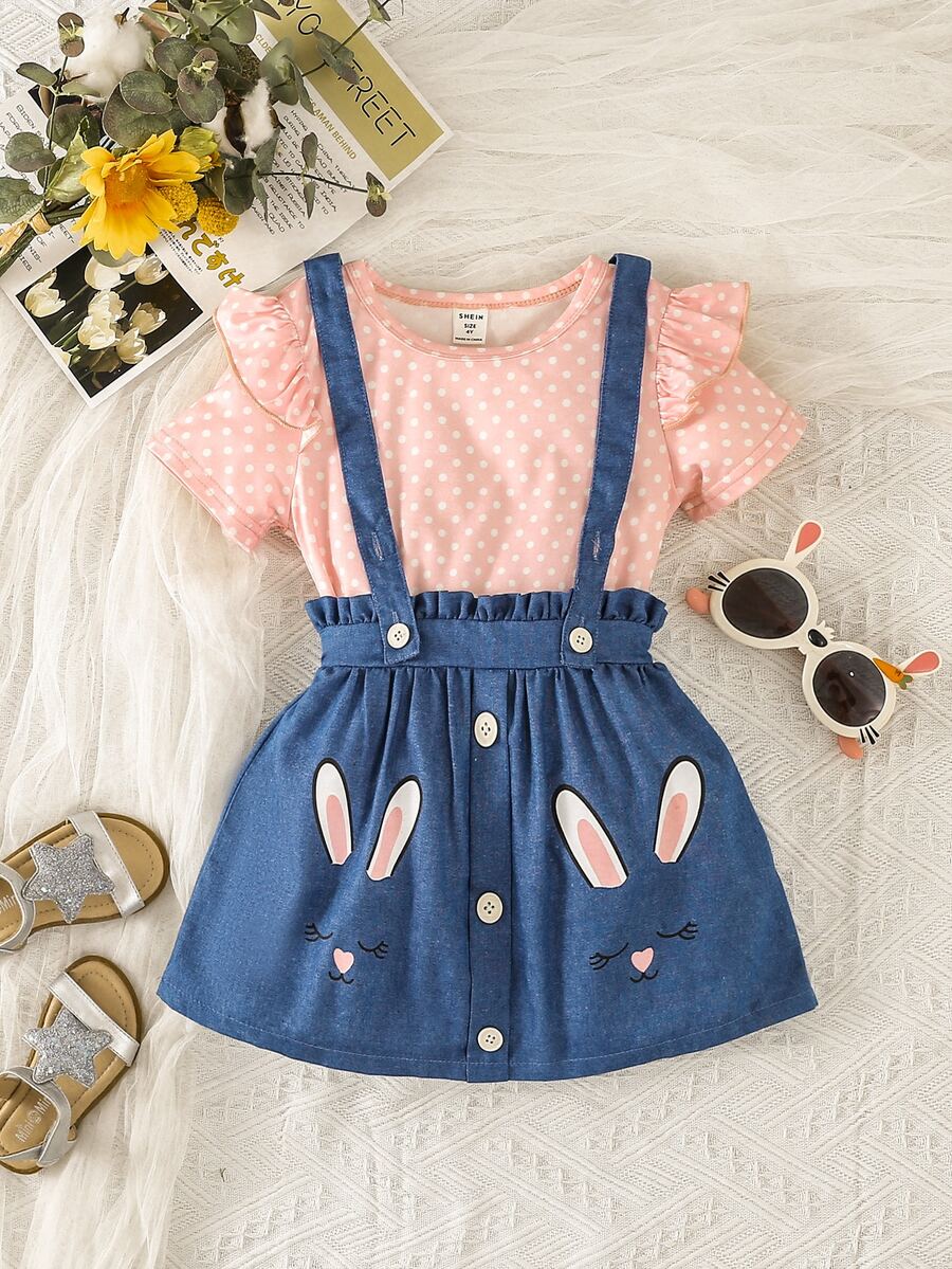 Toddler Girls Polka Dot Ruffle Trim Tee & Cartoon Graphic Pinafore Skirt - Multicolor - View 1