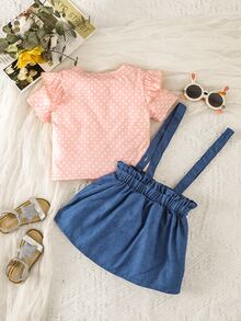 Toddler Girls Polka Dot Ruffle Trim Tee & Cartoon Graphic Pinafore Skirt - Multicolor - View 2