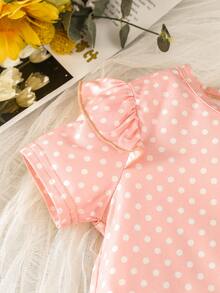 Toddler Girls Polka Dot Ruffle Trim Tee & Cartoon Graphic Pinafore Skirt - Multicolor - View 4