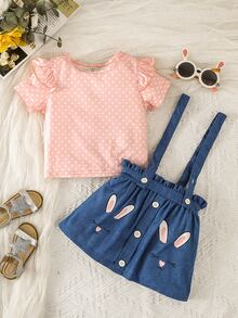 Toddler Girls Polka Dot Ruffle Trim Tee & Cartoon Graphic Pinafore Skirt - Multicolor - View 5