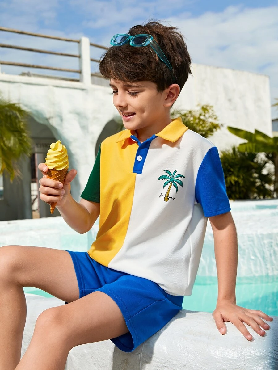 SHEIN 男孩椰子樹圖案撞色POLO衫 - 彩色 - 查看 1