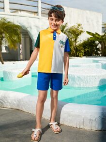 SHEIN 男孩椰子樹圖案撞色POLO衫 - 彩色 - 查看 5