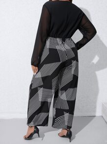 SHEIN LUNE Mono de pierna ancha con estampado de rayas de manga con malla en contraste - Negro - Ver 2