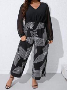 SHEIN LUNE Mono de pierna ancha con estampado de rayas de manga con malla en contraste - Negro - Ver 3