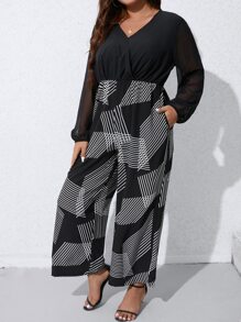 SHEIN LUNE Mono de pierna ancha con estampado de rayas de manga con malla en contraste - Negro - Ver 4