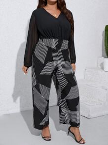 SHEIN LUNE Mono de pierna ancha con estampado de rayas de manga con malla en contraste - Negro - Ver 1