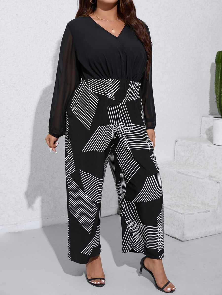 SHEIN LUNE Mono de pierna ancha con estampado de rayas de manga con malla en contraste - Negro - Ver 1