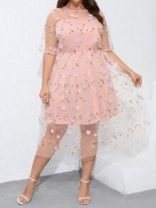 SHEIN Clasi Plus Floral Embroidery Mesh Overlay Dress - Coral Pink - View 4