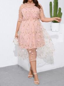 SHEIN Clasi Plus Floral Embroidery Mesh Overlay Dress - Coral Pink - View 3