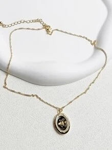 Bee Detail Oval Charm Necklace - Yellow Gold - View 2