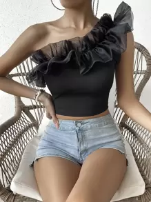 SHEIN VCAY Top crop de un hombro ribete con fruncido - Negro - Ver 1