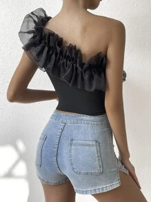 SHEIN VCAY Top crop de un hombro ribete con fruncido - Negro - Ver 2