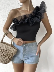 SHEIN VCAY Top crop de un hombro ribete con fruncido - Negro - Ver 4