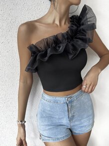 SHEIN VCAY Top crop de un hombro ribete con fruncido - Negro - Ver 5