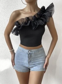 SHEIN VCAY Top crop de un hombro ribete con fruncido - Negro - Ver 6