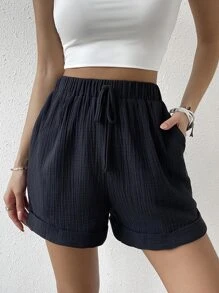 SHEIN VCAY Quần đùi nữ Túi màu trơn Giải trí - màu đen - Xem 1