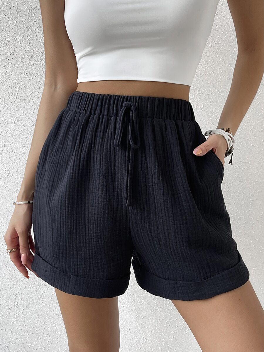 SHEIN VCAY Quần đùi nữ Túi màu trơn Giải trí - màu đen - Xem 1