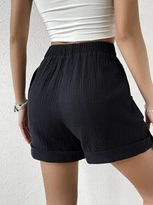 SHEIN VCAY Quần đùi nữ Túi màu trơn Giải trí - màu đen - Xem 2